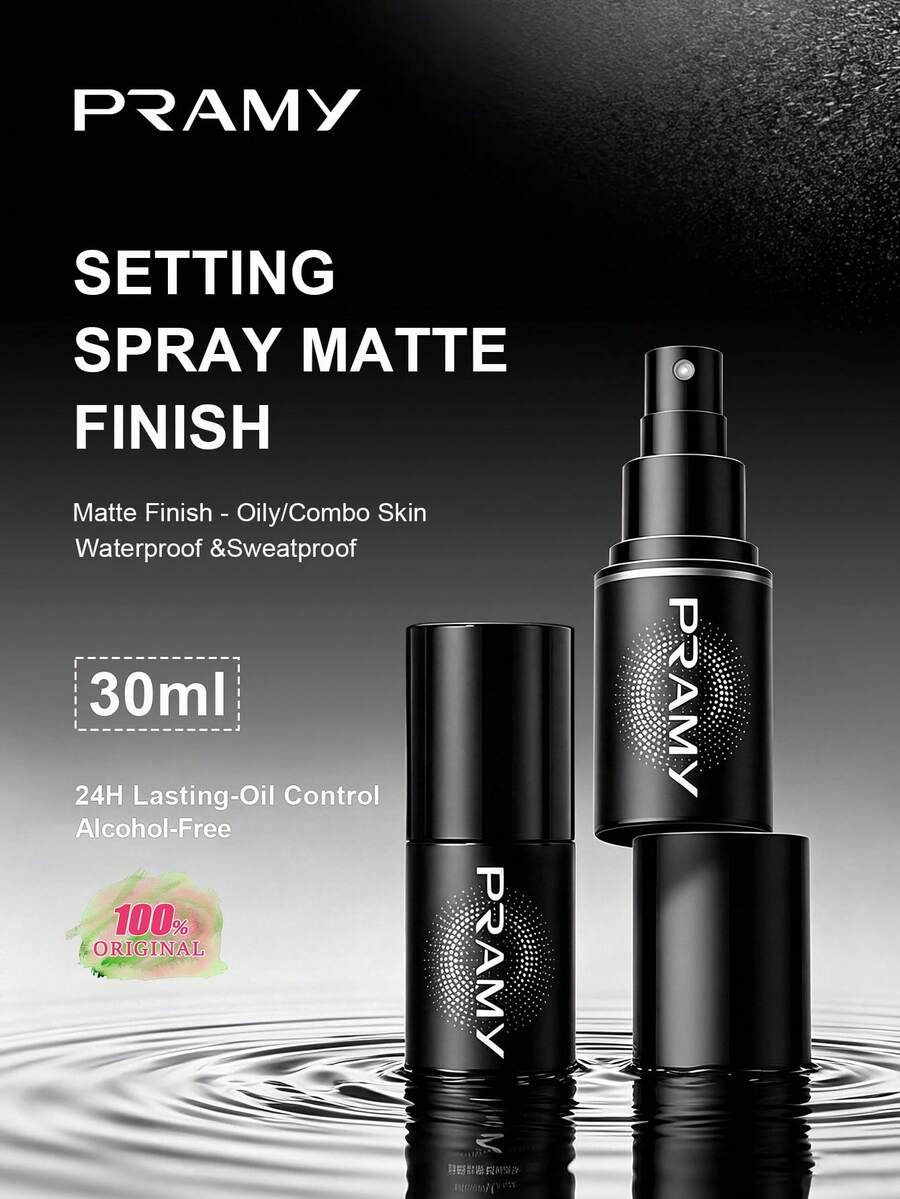 PRAMY 30ml 旅行裝保濕定妝噴霧 霧面長效 12 小時快乾 極細霧，含玫瑰水與玻尿酸，控油適合油性與混合肌日常使用，適合初學者，30ml/1.01 Fl Oz