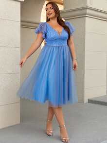 Women Plus Size Elegant Sequin Floral Print Mesh Applique V-Neck Cocktail Party Bridesmaid Dress For Wedding Guest, Homecoming, Spring/Summer/Autumn - Dusty Blue - View 4
