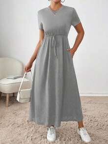 Vestido midi con cordón en la cintura, bolsillo lateral, ropa de regreso a la escuela, ropa de mujer para otoño, atuendos de maestra, vestido de despedida de soltera, vestidos casuales de mujer, vestidos midi de mujer, vestidos de trabajo de mujer, vestidos de otoño para mujer, vestidos maxi de mujer, disfraz de Halloween, vestido casual de negocios, vestidos de verano para mujer - Gris Claro - Ver 2