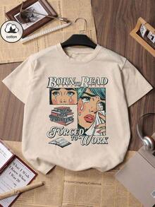 Trus Cotton, Women's Summer T-Shirt With Fun Hop Cartoon Girl Print, Custom Design, Urban Style, Korean Retro Fashion Version, Comfortable, Versatile, Y2k Style, Women's Vest, Suitable For Outdoor Leisure, Regular Niche Punk Style, White Fitted Round Neck T-Shirt For Women, Washed With Aged Effect, Casual. - 白色 - 查看 5