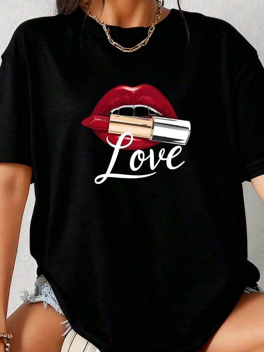 Funny Lipstick Design T-Shirt-1 - Black 4 - View 1