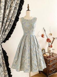 Vestido de mujer elegante y vintage con estampado floral de jacquard para fiestas, festivales y eventos elegantes. Vestidos largos elegantes para fiestas para mujeres en otoño, invierno, Navidad, Halloween y Año Nuevo. - Verde pastel 2 - Ver 6