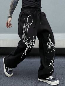 Pantalón de chándal de pierna recta con estampado de estilo gótico, corte holgado, unisex, ropa casual de calle, ropa deportiva cómoda, pantalón de chándal, pantalón casual, pantalón deportivo - Negro - Ver 2