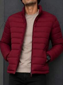 Men's HPC Polo Fleece Puffer Jacket, Warm, Casual, Basic, No Hood, Youthful And Modern Style, Ideal For Winter Or Cold Weather - 紅色 - 查看 4