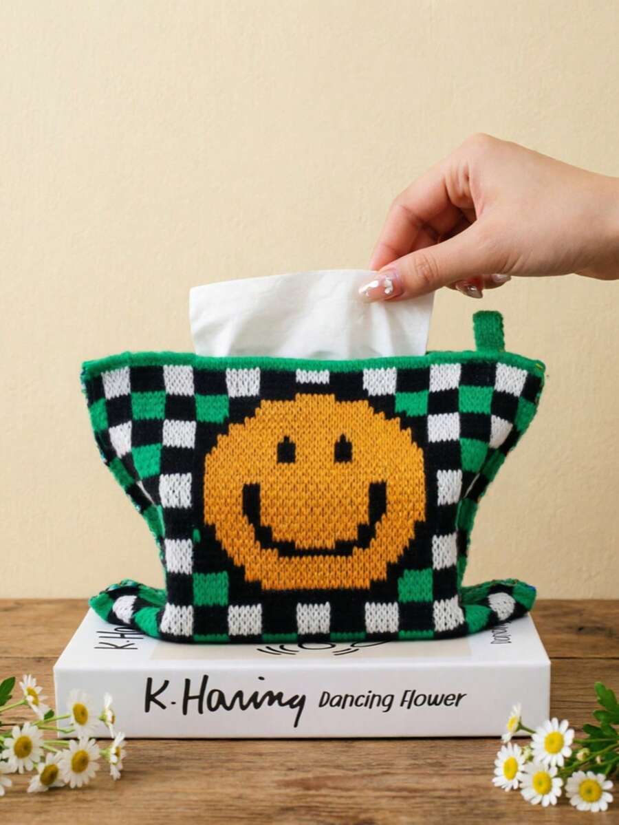 1pc Plaid Woven Tissue Box Cover, Vintage Geometric Pattern With Smiling Face Jacquard Knit, Fits Standard Tissue Boxes - Multicolor - View 1