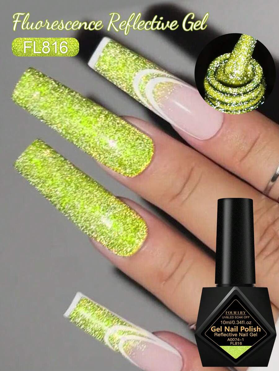 FOUR LILY 1pc Yellow Fluorescent Reflective Glitter Gel Nail Polish , 10ml Neon Color Sparkle Glitter Dark Flashy Laser Gel Polish For Summer Nails, Semi Permanent Soak Off UV Gel Varnish Manicure Nail Supplies Nail Art DIY For Home And Salon - 黃色 - 查看 1