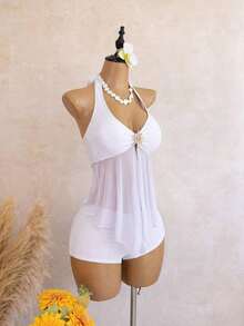 Bellisia Swim Chic Sea French Elegant Halter Neck Tankini Swimwear With Metal Decor And Mesh Splice, Vacation Style - 白色 - 查看 6