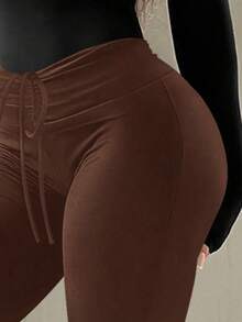 AiTyi Women's Black Flare Leg Pants With Drawstring Waist, Medium Stretch Long Yoga Training Daily Wear Bottoms, Bodycon Fit Fall Season Style - Coffee Brown - View 4
