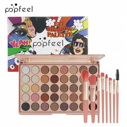 Paleta de Sombras de Ojos POPFEEL de 40 Colores + Juego de Brochas de Maquillaje, Sombras de Ojos Mate & Brillantes de Larga Duración y Fácil de Difuminar, Kit de Maquillaje Todo en Uno para Principiantes y Profesionales, Perfecto para Looks Diarios y de Vacaciones