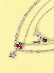 Popjeli Set Kalung Leopard & Cherry 3 Buah, Kalung Cherry Merah, Kalung Bintang Modis, Kalung Leopard Klasik - Perak - View 4