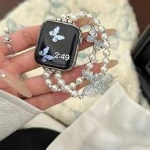 1件優雅設計雙層珍珠串珠水晶蝴蝶圖案手錶錶帶，相容於Apple Watch Ultra/SE/11/10/9/8/7/6/5/4/3/2/1，38/40/41/42/44/45/46/49mm，可調節尺寸錶帶[僅錶帶，不含錶盤和錶殼] - 珍珠錶帶 - 查看 2