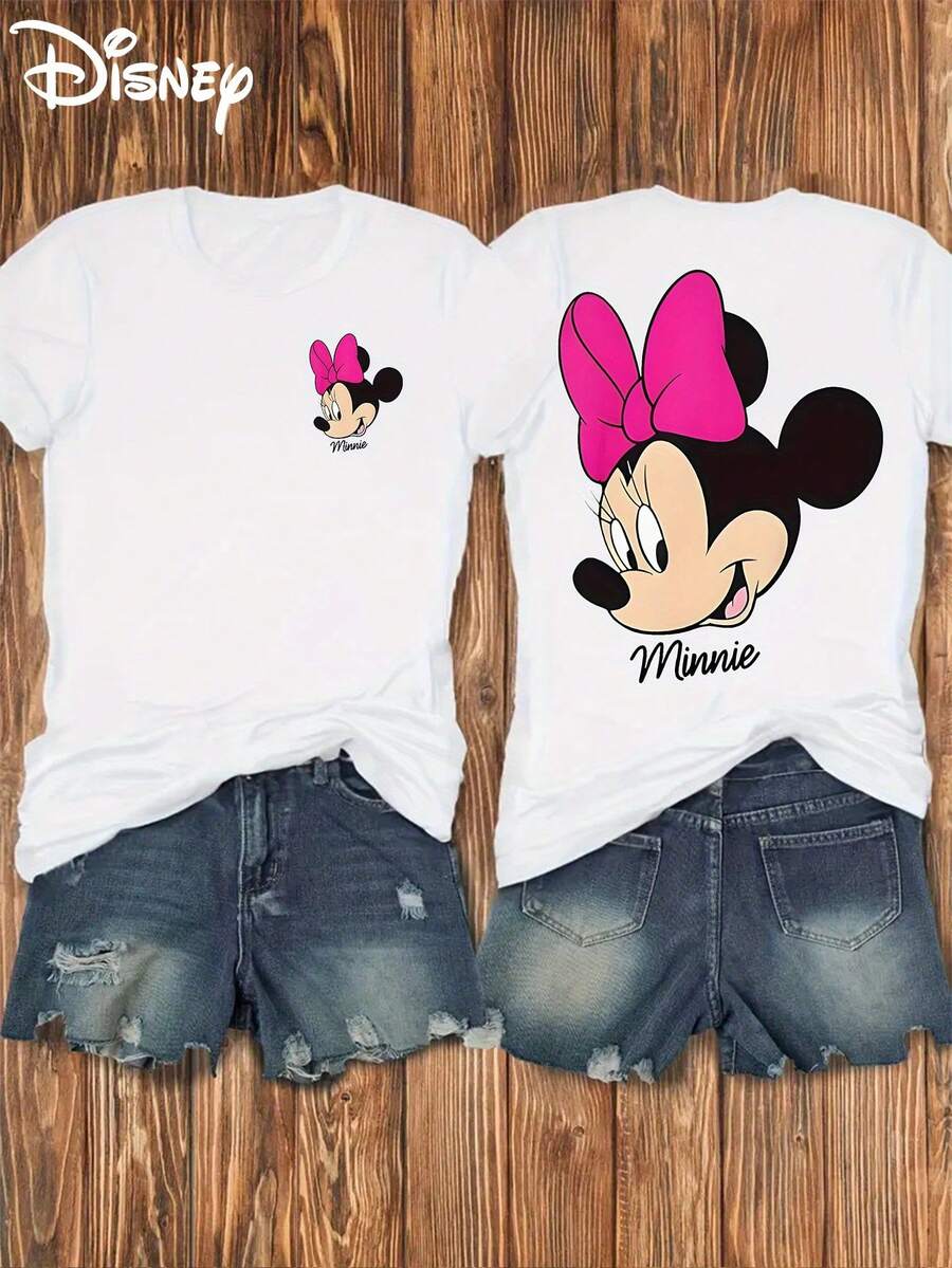 Disney Official Minnie Mouse Cartoon Print Women's Casual T-Shirt With Short Sleeves, Soft, Elastic Round Neck, Front And Back Design, Regular Fit, Breathable Summer Top For Everyday Wear. - 白色 - 查看 1