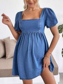 Vestido corto de maternidad de mezclilla azul con mangas de pétalo - Azul 2 - Ver 6