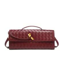 Bolso de mujer de cuero genuino tejido a mano BV Bottega Bang Bang de Andiamo Clutch Campana. Bolso tejido popular con cierre de alta calidad, bolso de hombro, bolso de mano largo y elegante, bolso cruzado con herrajes dorados. - Burdeos - Ver 2