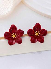 1 Pair Exquisite Multi-Color Dopamine-Inspired Burgundy Flower Stud Earrings, Gift For Friends - Style 2 - View 5