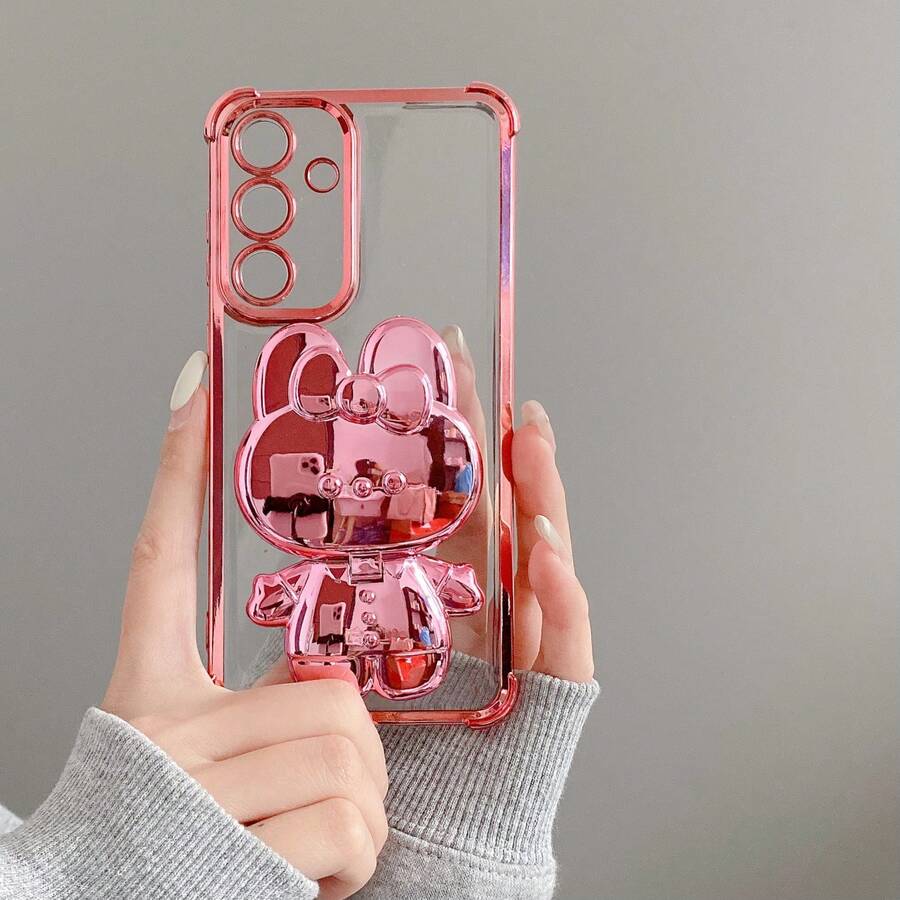 Cute Cartoon Pattern Mirror Kickstand Transparent Phone Case, Compatible With Apple 17PROMAX/16promax/15promax, S26/2524321u, Honor, - Pink - View 1