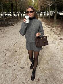 Women's Fuzzy Knit Two Pieces Set, Round Neck Loose Sweater + Elastic Waist Mini Skirt, Fashionable Autumn Outfit - Grey - View 5