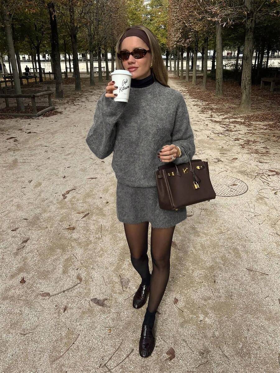 Women's Fuzzy Knit Two Pieces Set, Round Neck Loose Sweater + Elastic Waist Mini Skirt, Fashionable Autumn Outfit - Grey - View 1