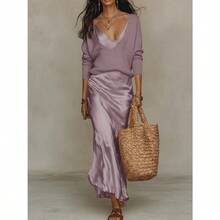 Women's Apricot Two-Piece Co-Ord Set, Deep V Knit Sweater & Satin Slip Dress, Casual Elegant Outfit For Daily, Home & Leisure - 紫色套裝 - 查看 1