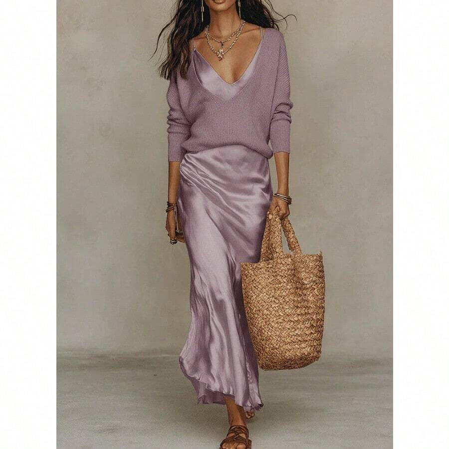 Women's Apricot Two-Piece Co-Ord Set, Deep V Knit Sweater & Satin Slip Dress, Casual Elegant Outfit For Daily, Home & Leisure - 紫色套裝 - 查看 1