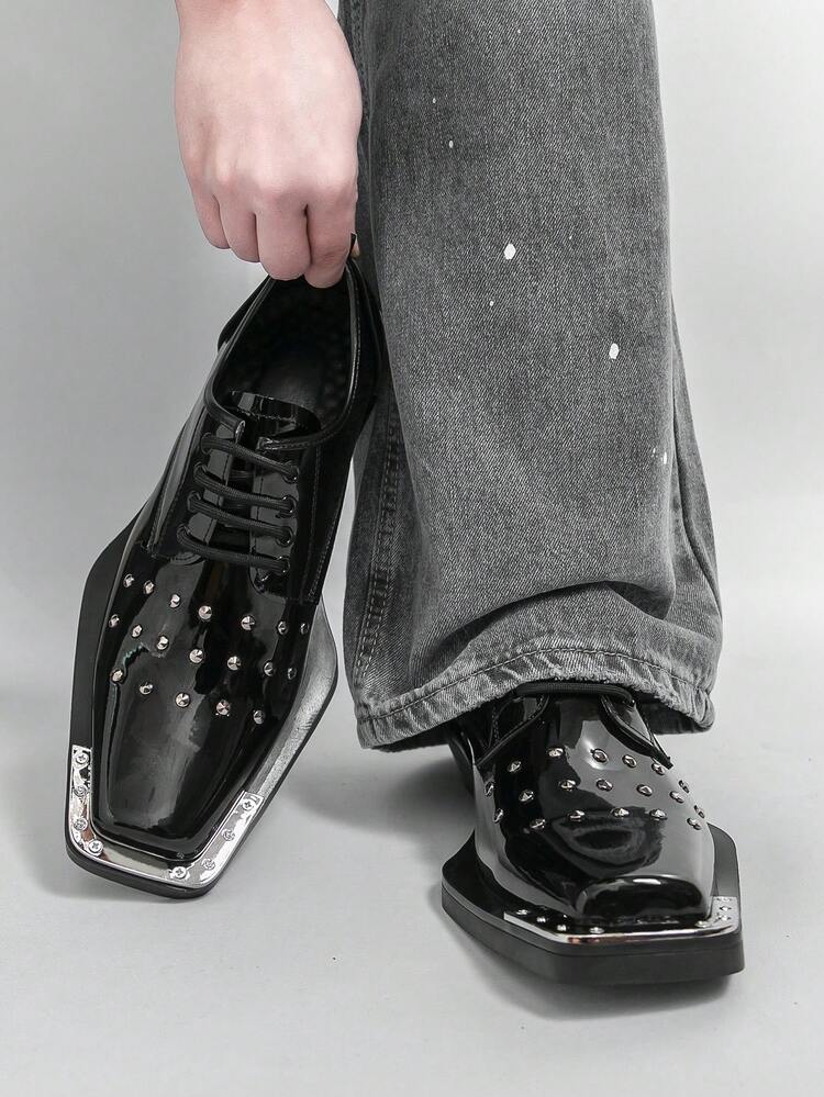 mens black dress shoes square toe Men's Punk Style Rivet Glossy Oxford Shoes, Lace-Up Shoes, Metal Toe Design, Gothic Streetwear Style mens square toe loafers 'Women''s Kaden Maxi Dress western dress on construction keeps the Size:2T Shirt & Tutu