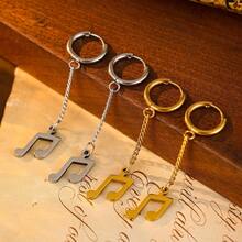 1 Pair Stainless Steel Musical Note Chain Dangle Hoop Earrings, Punk Rock Style Stainless Steel Ear Drops, Gold And Silver Available, Men And Women Music Festival Daily Versatile Jewelry - Note - View 4