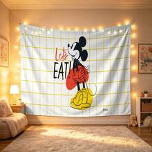Disney Mickey Mouse Tapestry With Yellow Grid Pattern, "Let's Eat!" Quote, And Stylized Mickey Illustration Print No-Hole Backdrop, Perfect For Parties, Camping, Home Decor, Scene Setup And Gathering Displays - 0 - View 6