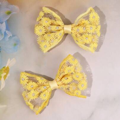 2個セット イエローデイジー刺繍チュールヘアリボン レディース エレガント フローラルレースリボン ヘアクリップ イエローメッシュリボン アリゲータークリップ スウィートコテージコア リボンヘアバレッタ デイリー&パーティー用 レディースヘアアクセサリー ヘアスラ...