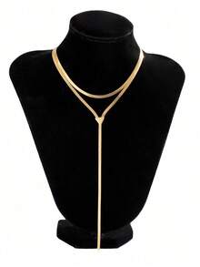 2pcs/Set Double Layer Snake Bone Chain Necklace, Gold Color, Simple & Versatile Long Necklace For Women, Suitable For Daily Wear And Party - Silver - View 3