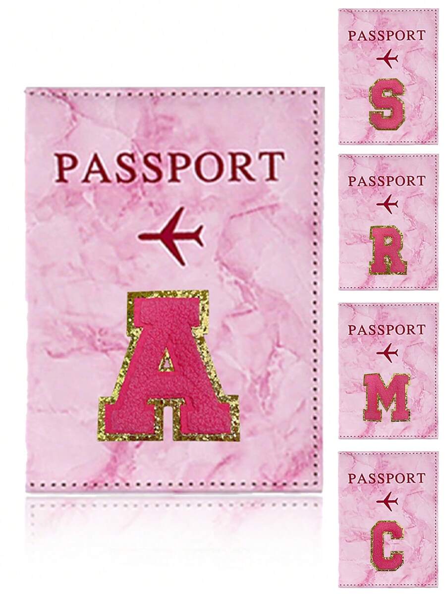 1pc Passport Cover With Rose Red Towel Embroidery And A-Z Letter Print, Unisex RFID Vintage Business Passport Holder, Multifunctional Travel Organizer Pouch, Travel Accessories, Travel Wallet, Passport Case, Beach Holiday Bag, Summer - Pink - View 1