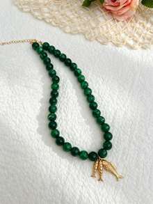 1pc Fashionable Summer Beach Acrylic Gold Fish Pendant Beaded Necklace For Women, Fresh Green Bohemian Style, Minimalist Casual Fish Beaded Design, Suitable For Vacation, Daily Wear, Date, Photo Shoot - Green - View 2