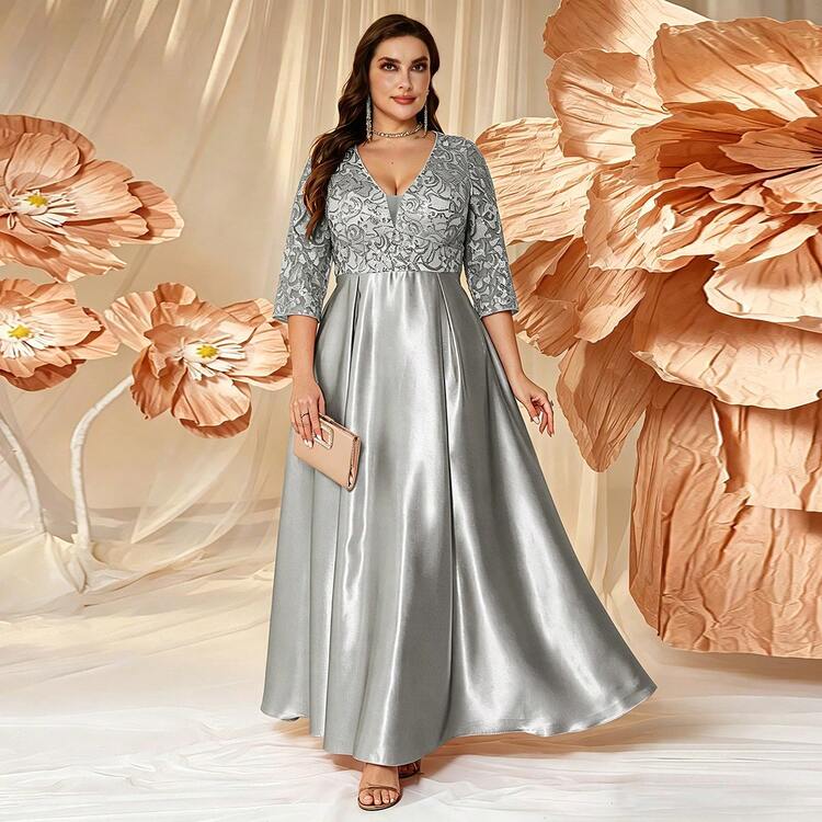 formal long silver dresses XUIBOL Plus Size Women's Satin Sequin V-Neck Gown, 3/4 Sleeve, Elegant Floor-Length Dress With Zipper Detail embellished party dress