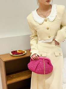 Dedoo Fashion Woven Straw Handbag, Elegant Suitable For Vacation Travel, Fashionable Top Handle Tote Bag, Khaki Color, Lightweight Zipper Pocket, Straw Bag, Beach Bag - Hot Pink - View 5