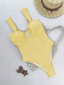 1 pieza Traje de baño de una sola pieza para mujer con forro, diseño de tirantes anchos minimalista y elegante, tono de color retro que irradia un encanto maduro para vacaciones en la playa, color blanco - Amarillo - Ver 4