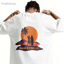 Men's T-Shirt Surfing Silhouette Sunset Palm Tree Comfortable And Versatile Outdoor Casual Short Sleeve - White - View 1