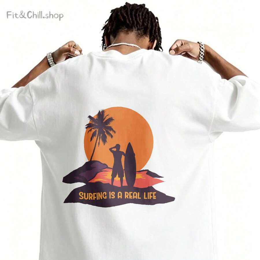 Men's T-Shirt Surfing Silhouette Sunset Palm Tree Comfortable And Versatile Outdoor Casual Short Sleeve - White - View 1