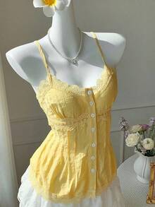 Top de tirantes de verano con diseño de botones e inserto de encaje amarillo para mujer - Negro - Ver 11