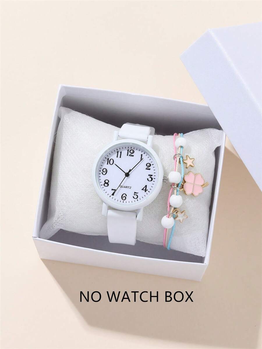 2pcs/Set Minimalist Numeric Dial Quartz Silicone Strap Watch + Bracelet, Fashion Student Watch - White - View 1