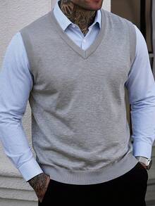 Chaleco de punto sin mangas para hombre, cuello en V, color liso, estilo minimalista versátil, para uso diario, casual y oficina, ideal para capas - Gris - Ver 4
