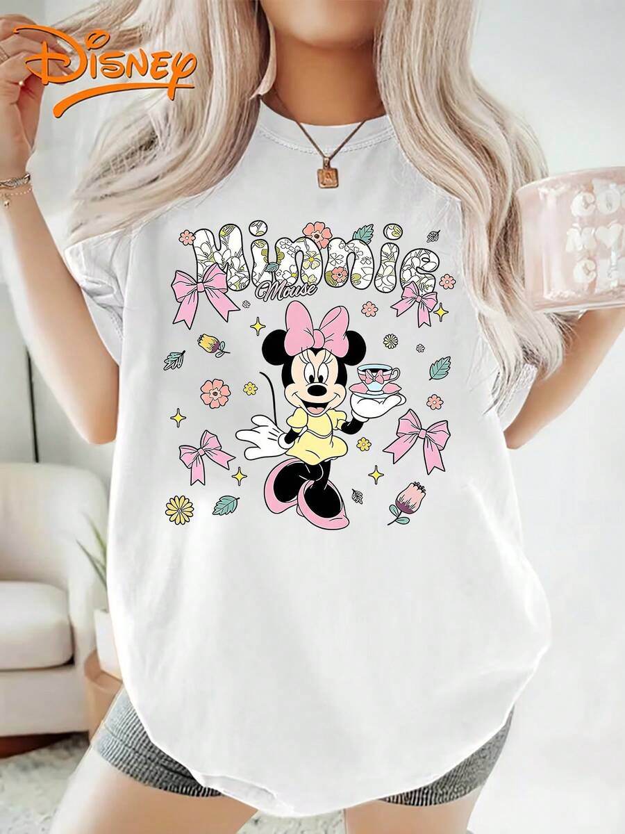 Authentic Disney Ladies Summer Dress Minnie Mouse And Flower Bow Cartoon Pattern New Short-Sleeved T-Shirt Blouse Ladies Casual Fashion Printed T-Shirt Women In Summer. - 白色 - 查看 1