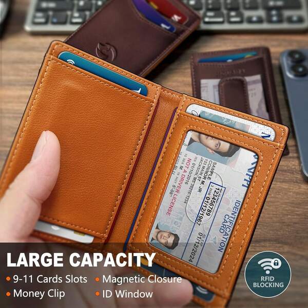 Agnetic Closure Slim Wallet For Men With Money Clip Gift Boxed, Genuine Leather Front Pocket RFID Blocking Wallet, 3.9" X 2.7" Perfect Gift