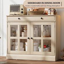 Kitchen Storage Cabinet, 2 Glass Door Buffet Sideboard with a Large Storage Drawer, Modern White Coffee Bar Cabinet with Adjustable Shelf for Dining Room, Kitchen, Entryway - Beige - Übersicht 7