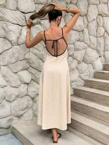 Frenchy Vestido de vacaciones con tirantes de espagueti, espalda descubierta y longitud hasta la pantorrilla - Albaricoque - Ver 9