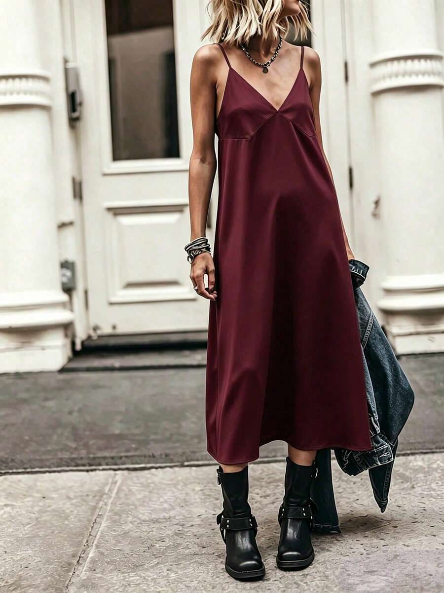 Robe midi en satin bordeaux à col V sans manches, lisse et confortable pour le bureau, les rendez-vous et le port décontracté, élégante pour l'été - Rouge foncé - Voir 1