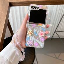 Custodia pieghevole per telefono con texture a piuma e fiori 3D con catena, adatta per Samsung Galaxy Z Flip3 5G/Galaxy Z Flip 4 5G/Galaxy Z Flip 5 5G/Galaxy Z Flip 6 5G/Galaxy Z Flip 7 5G, nuova custodia pieghevole artistica per telefono - Multicolore - Visualizzare 2