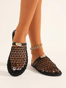 Wide Fit Women's Fashion European And American New Arrival Backstrap Fishnet Flat Sandals, Hollow-Out Comfortable Beach Slides - Black - View 6