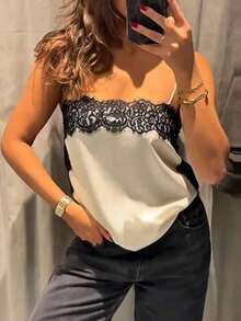 Top tipo camiseta de estilo callejero de moda para mujer, camisola de satén con parches de encaje floral, elegante top sin espalda sin mangas con tirantes finos, camisola sexy con encaje y tela tejida de unicolor para uso diario y salidas de verano - Albaricoque - Ver 7