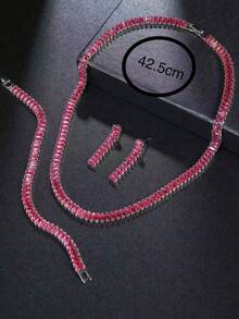 Bộ 3 món dây chuyền, vòng tay, bông tai đính đá zirconia kiểu móng vuốt mới, phù hợp cho nữ đeo đám cưới, tiệc tùng, mặc hàng ngày - Màu Hồng Tươi - Xem 4