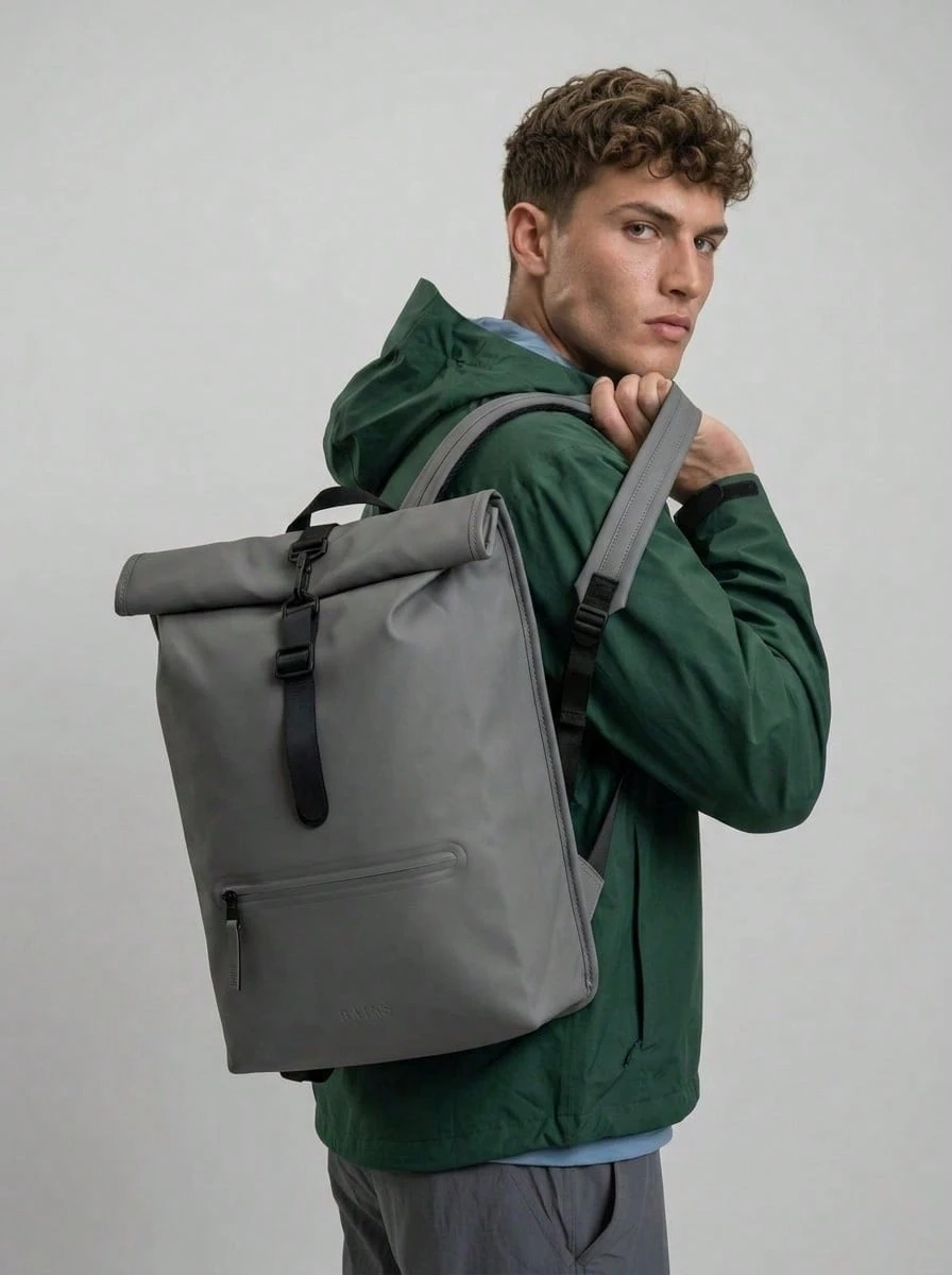 Rains Rolltop Rucksack W3 Unisex Backpack Green 17L - Grey - View 1