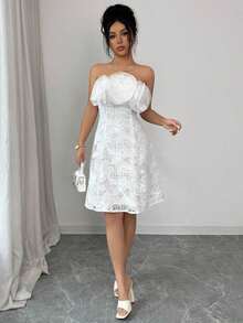 Vestido corto elegante para mujer con decoración de flores 3D en el escote - Blanco - Ver 6